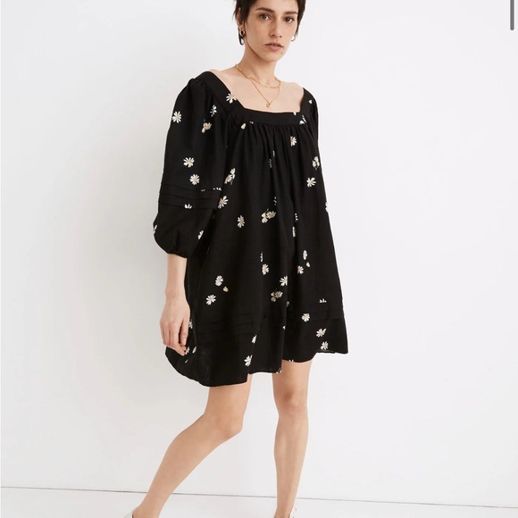 NWOT Madewell Square-Neck Pleat-Detail Black Mini Dress in Lazy Daisies XXS - Picture 6 of 11